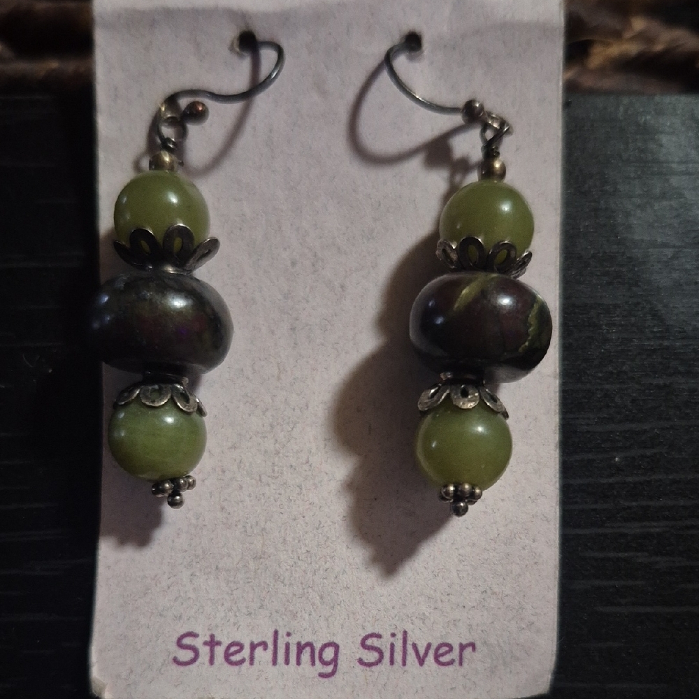 Handcrafted new Silver With olive Jade &  Dark Jett Stone Drop Earrings